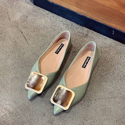 

Single-shoe womens summer Korean version of Joker metal square buckle shallow mouth grandma shoes toe cap with thick heels pourin