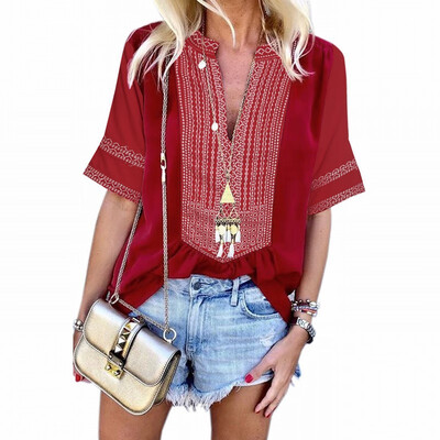 

Womens V-neck Short Sleeve Embroidered Lace Vintage Loose Shirt Top