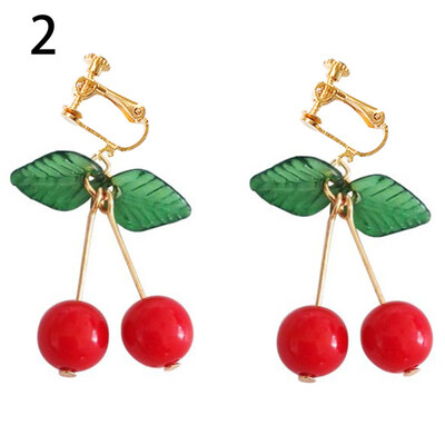 

Sweet Fruit Green Leaf Red Cherry Dangle Women Ear Hook Clip Earrings Jewelry