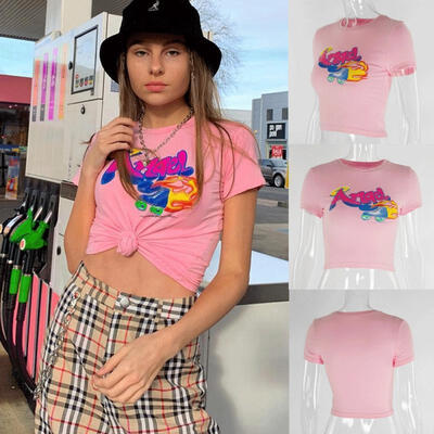 

Women Summer Beach Short Sleeve Blouse T-Shirt Slim Printed Crop Tank Top UK