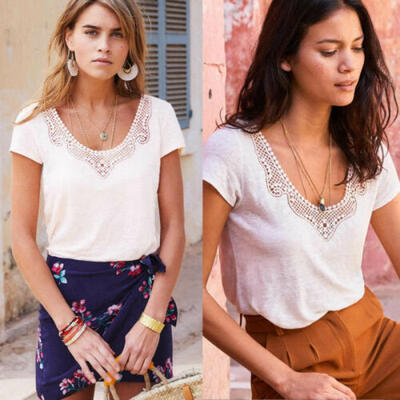 

Ladies Womens Crochet Neck Summer Loose Tops Cotton Short Sleeve Blouse T Shirt