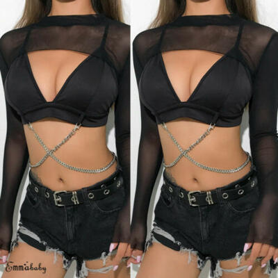 

Sexy Women No Bra Fishnet Long Sleeve Crop Top Pullover T-Shirt Tee Club Blouse