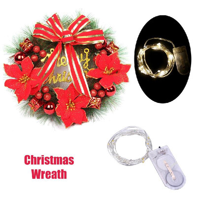 

Christmas Wreath with Led String Light Garland Merry Christmas Front Door Wreath Artificial Plants Flower Wall Window Hanging Orna