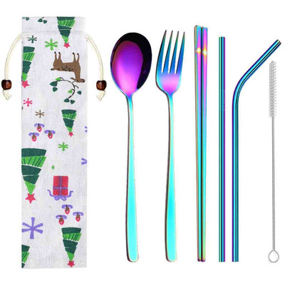 

Toponeto Stainless Steel Dinnerware Set Metal Straw Spoon Fork Chopsticks Tableware 6 Pcs