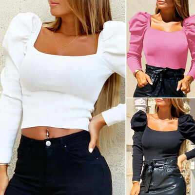 

Women Autumn Vintage Ruffle Long Sleeve Tops T Shirt Ladies Casual Crop Tee