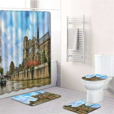 

Gobestart Waterproof Bathroom Shower Curtain Set Non-Slip Rug Toilet Lid Cover Bath Mat