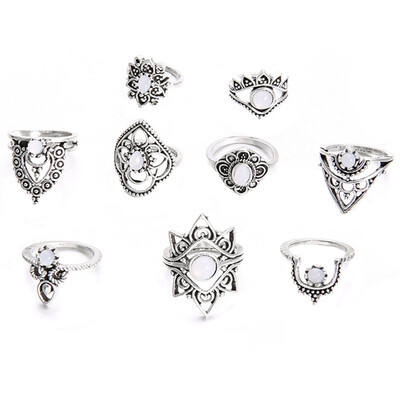 

9 Pcsset Bohemian Vintage Rhinestone-encrusted Crown Starry Water Drop Hollow Carved Crystal Women Ring Set