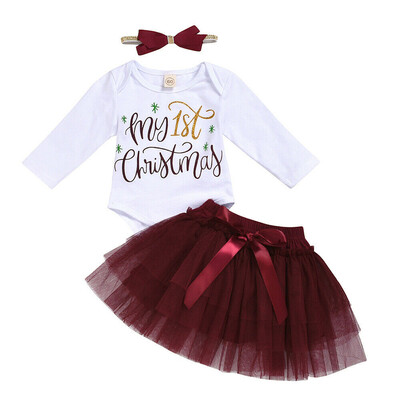 

Newborn Baby Girl Xmas Long Sleeve Romper Tutu Mesh Skirt Headband Outfits Set