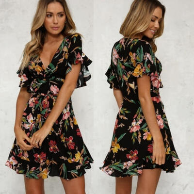 

Women BOHO Floral Print Beach Dress Lady Evening Party Long Sleeve Maxi Dress