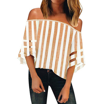 

Starmoon Women Summer Stripe Off Shoulder Mesh Panel Blouse 34 Bell Sleeve Top Shirt
