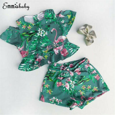 

2PCS Toddler Kids Baby Girl Outfit Short Sleeve Dress TopsPant Clothes Set Suit