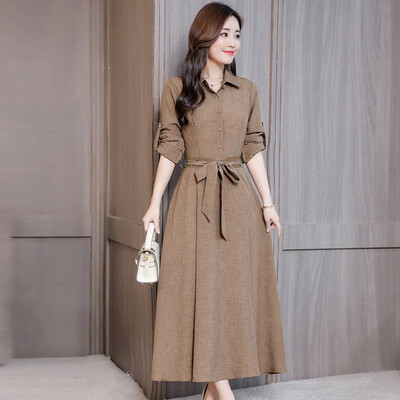 

Tailored Women Elegant Solid Long Sleeve Belt High-Waist Long Boho Dress Button Dress