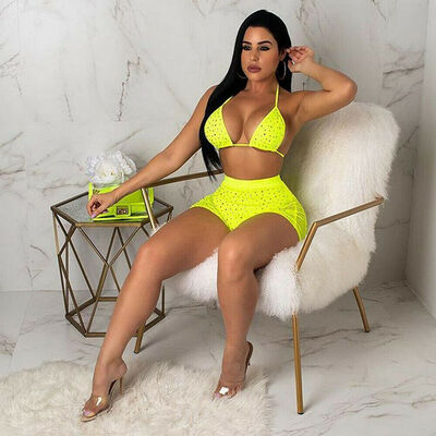 

Sexy Women Rhinestone Crystal Mesh Push-up Bikini Set Bathing Swimsuit Swimwear