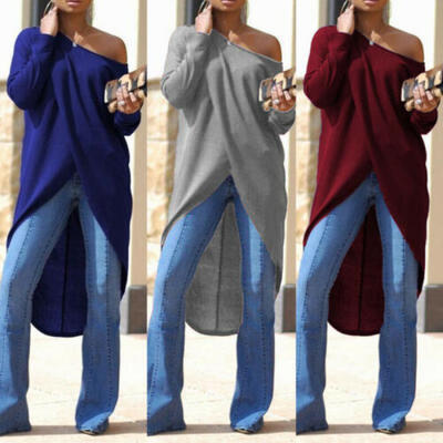 

AU Womens Long Sleeve Irregular Hem Long Shirt Blouse High Low Tunic Tops Dress