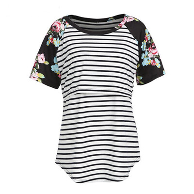 

Women Maternity Breastfeeding Tops Short Sleeve Nursing T-shirt Splice Striped