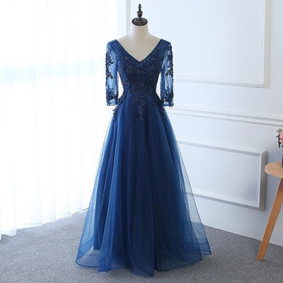 

Hot Long Evening Dress Dark Blue Lace Embroidered 34 Sleeve Banquet Mother Of The Bride Dresses