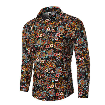 

Toponeto Mens Autumn Ethnic Business Leisure Printing Long-sleeved Shirt Top Blouse