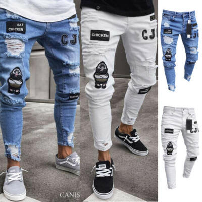 

US STOCK Mens Vintage Ripped Jeans Super Skinny Slim Fit Trousers Cartoon Pants