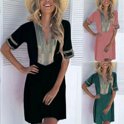 

Women Boho V-neck Slit Lady Mini Summer Print Beach Cotton Linen Dress -XL