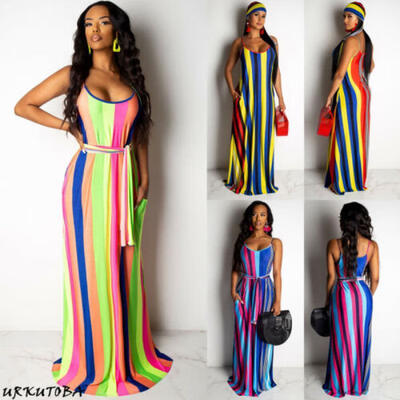 

Womens Colorful Stripes Maxi Long Dress Holiday Summer Evening Party Sundress