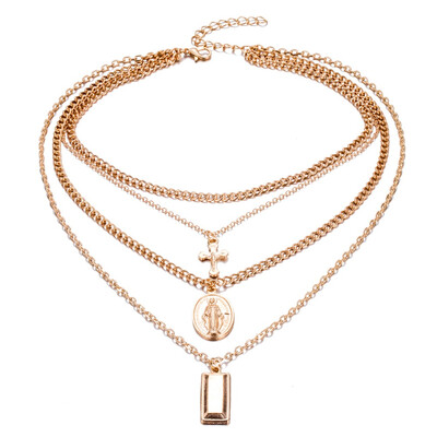 

Boho Gold Silver Color Cross Layered Necklace Jesus Virgin Mary Pendant Necklace For Women Religious Jewelry Easter Days Gift