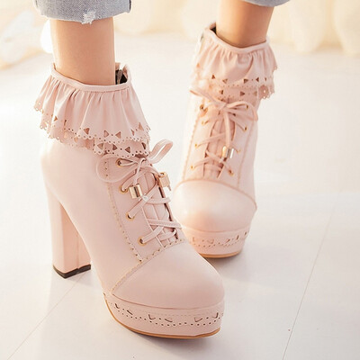 

Rose Womens Boots Lolita Sweet Round Toe Lace Up Platform High Heel Ankle Snow Boots