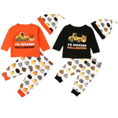 

US Toddler Baby Girl Boys Halloween TopsPumpkin Pants Leggings 3pcs Outfit Set