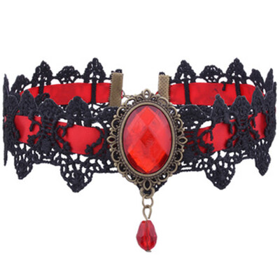 

Newest Women Fashion Black Lace Beads Choker Victorian Oval Gemstone Gothic Retro Collar Necklace