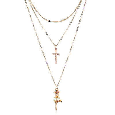

HuaTang Vintage Gold Chain Necklace Cross Rose Pendant Necklaces Bohemian Layered Long Necklace Women Fashion Jewelry 4418