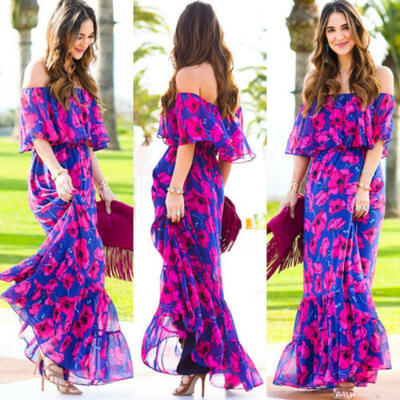 

Boho Women Holiday Off Shoulder Floral Maxi Ladies Summer Beach Party Long Dress