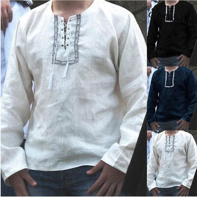 

Fshion Selling Men´s Flax Linen T-Shirt Casual V-Neck Long Sleeve Shirt Tops Tees Breathable