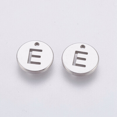 

304 Stainless Steel Charms Flat Round with Letter Stainless Steel Color LetterE 10x1mm Hole 1mm