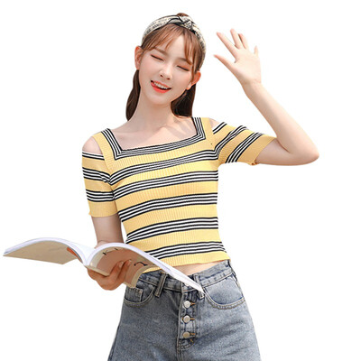 

Knit Striped Short Sleeve Square Neck Slim Fit T-shirt Women Summer Casual Tops