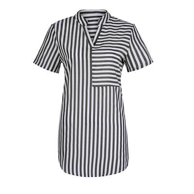 

Nomeni Women Casual Pocket Short Sleeve V-Neck Tops Casual Stripe Blouse T-Shirt