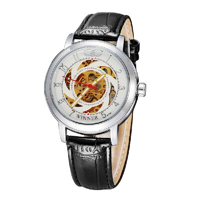 

WINNER High Quality Hollowed-out Hand-winding Mechanical Watch Transparent Case-back PU Leather Strap Unisex Wristwatch