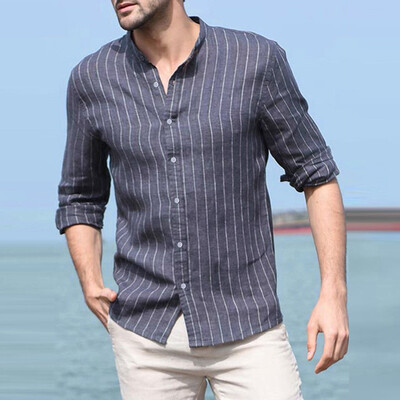 

Toponeto Mens Baggy Cotton Linen Striped Long Sleeve Button Retro T Shirts Tops Blouse