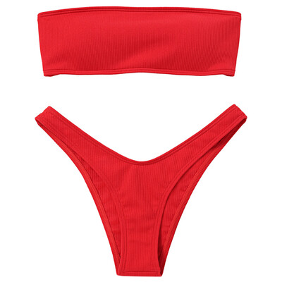 

Strapless Backless Padded Lace-up Solid Color Low Waist Women Bikini Set