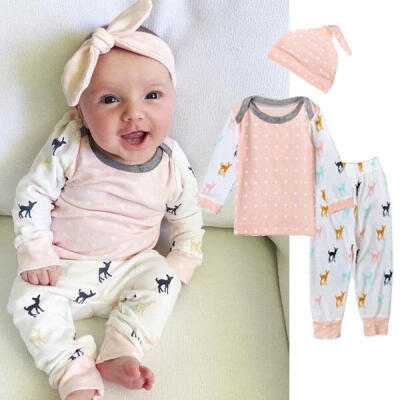 

Xmas 3Pcs Newborn Baby Girls Kids T-shirt TopLong PantsHat Outfits Clothes Set