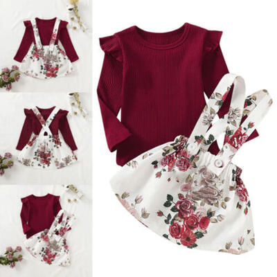 

Toddler Kid Baby Girls Clothes Solid Color Tops Floral Skirt Outfit Dress Set