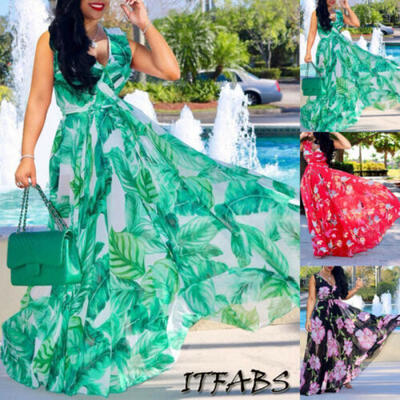

Womens Boho Floral Long Maxi Dress Summer Beach Evening Party Cocktail Sundress