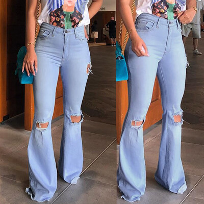 

Tailored Womens High Waist Hole Jeans Button Pants Trousers Bell-bottom Pants