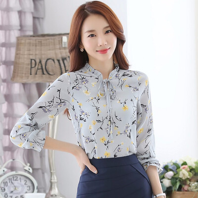 

2018 New Women chiffon floral printing blouse Long Sleeve Shirts