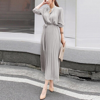 

Tailored Women Casual Solid V-Neck Dress Long Sleeve Beam Waist Big Swing Pleated Dress