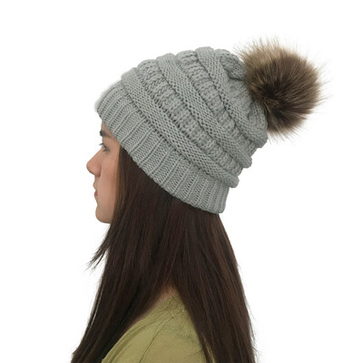

Tailored Women Autumn Winter Outdoor Faux Fur Ball Hats Crochet Knit Holey Beanie Cap
