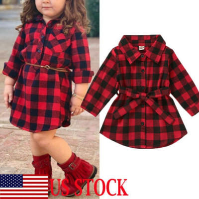 

Toddler Kids Baby Girl Plaid Outfit Clothes Long Sleeve Shirts Tops Short Dress