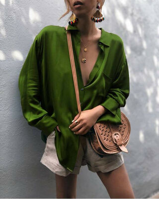 

Women Sexy Deep V-neck Satin Blouse Tops Casual Long Sleeve Office Ladies Shirt
