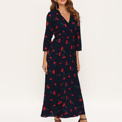 

Women Chiffon Dress Fruit Cherry Print V Neckline Three Quarter Sleeve High Waist Tied Bandage Elegant One-Piece