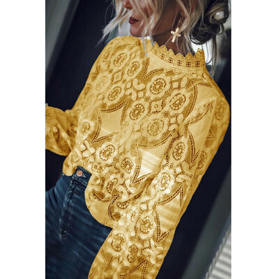 

Fashion Women Loose Long Sleeve Tops Blouse Hollow out Lace Casual Tops T-Shirt
