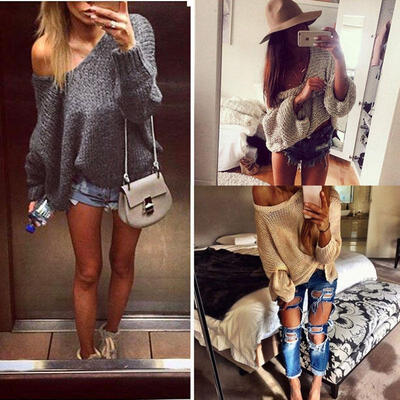

Women Off-shoulder Long Sleeve Knitted Sweater Knitwear Jumper Tops Pullover