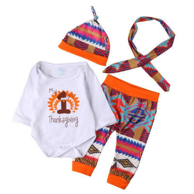 

US 4Pcs Toddler Baby Boy Girl Thanksgiving Romper Bodysuit Pants Hat Outfits Set